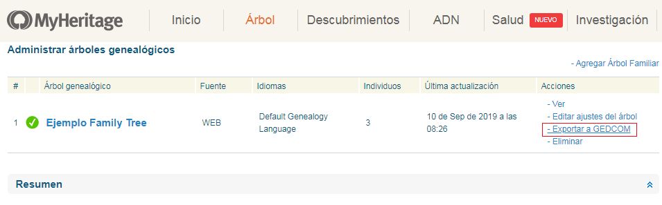 Exportación a formato Gedcom en MyHeritage