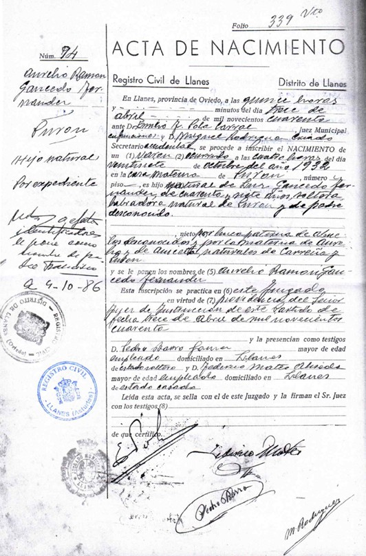 Certificado de nacimiento español de un abuelo