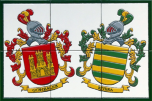 escut doble dels cognoms pintat sobre rajoles de ceràmica