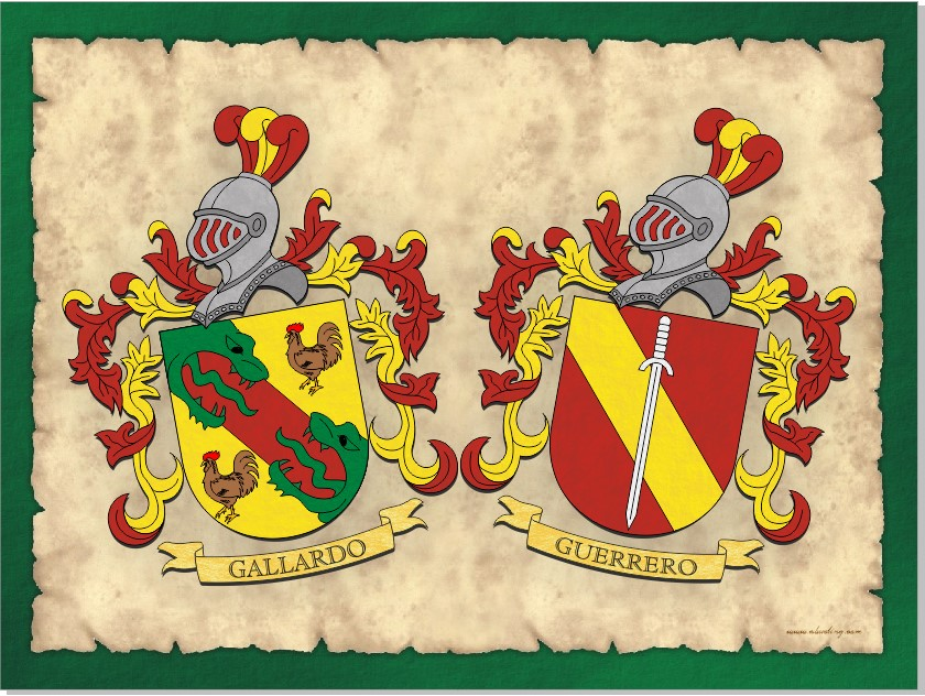 Two spanish heraldic shields in a parchment-look design